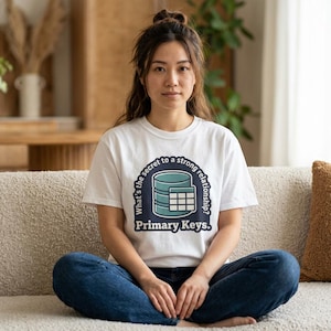 Pode incluir: Camiseta branca com um gráfico azul marinho e branco. O gráfico apresenta um ícone de banco de dados e o texto "What's the secret to a strong relationship? Primary Keys." A pessoa está usando jeans azul.