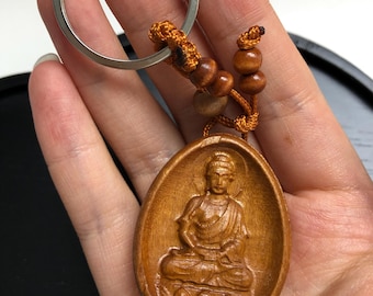 PeachWood Boeddha-hanger gesneden lotussleutelhanger Spirituele bedel