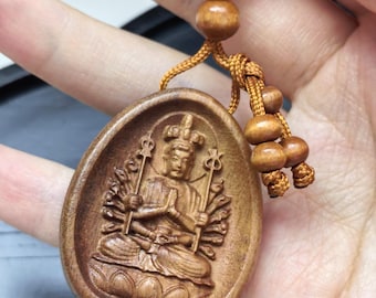 Perzikhout Thousand Hand Boeddha-sleutelhanger Handgesneden houten Guardian Charm-sleutelhanger
