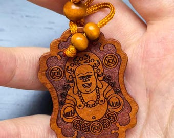 Natuurlijke Perzikhout Lachende Boeddha Sleutelhanger Lucky Coin Bag Charm Autosleutelhanger