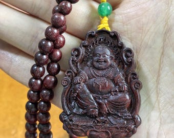 Handgesneden houten Lachende Boeddha-hanger Maitreya Boeddha-amulet Peace Charm trui-ketting