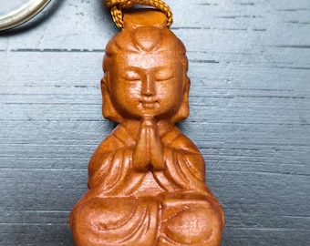 Natuurlijke Perzikhout Guanyin Sleutelhanger Cartoon Boeddha Bag Charm Lucky Car Key Hanger