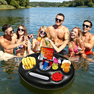 Inflatable Pool Drink Holder, Floating Black Tray with Cup Slots & Tablet Stand for Beach Parties