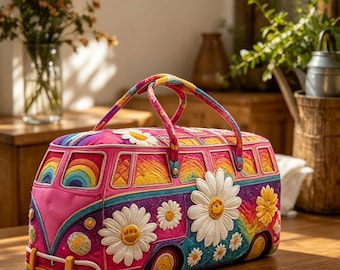 Retro Hippie VW Bus Seesack, 3D Psychedelic Weekender Tote, Boho Daisy Yoga Sporttasche, Peace Zeichen Festival Geschenk für Sie