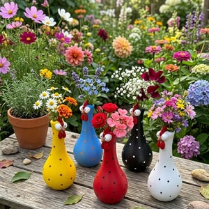 May include: A collection of colorful, whimsical chicken-shaped vases, each holding a vibrant bouquet of flowers. The vases are in yellow, blue, red, black, and white, with polka dots. A terracotta pot with greenery is also present, set against a backdrop of a lush garden.