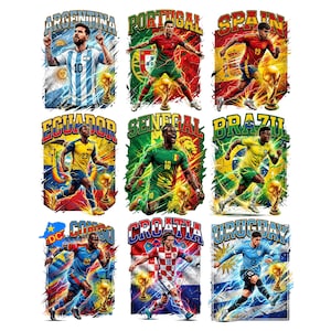 May include: Nine vibrant soccer graphics showcasing players from Argentina, Portugal, Spain, Ecuador, Senegal, Brazil, Congo, Croatia, and Uruguay. Each design includes a player, country name, flag, and a trophy.