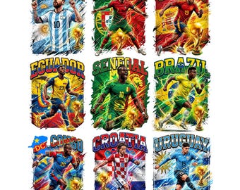 Puede incluir: Nueve gráficos coloridos con temática de fútbol que presentan jugadores de Argentina, Portugal, España, Ecuador, Senegal, Brasil, Congo, Croacia y Uruguay. Cada diseño incluye un jugador, el nombre del país, una bandera y un trofeo.