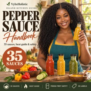 Peut inclure: Un guide Pepper Sauce Handbook avec 35 sauces, guide de chaleur et sécurité. La couverture affiche du texte, une personne tenant une bouteille de sauce jaune et trois bouteilles en verre remplies de sauces rouge, jaune et verte.