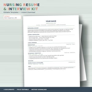 May include: A nursing resume and interview kit template featuring a professional layout with sections for contact information, professional summary, licenses, certifications, clinical experience, education, and skills, compatible with Word, Google Docs, and WPS.