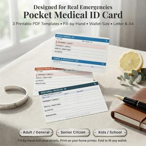 Könnte beinhalten: Drei rechteckige medizinische Notfallausweise im Taschenformat mit ausfüllbaren Feldern für persönliche Daten, Notfallkontakte, medizinische Bedingungen und Allergien. Die Karten sind mit Child Medical ID, Senior Medical ID und Personal Medical ID sowie blauen und roten Akzenten beschriftet.