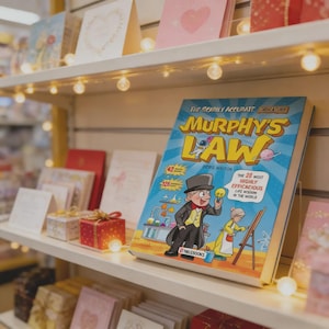 May include: A shelf display featuring greeting cards and a book titled "Murphy's Law." The book cover is blue with cartoon illustrations and text. Other cards have heart and floral designs. String lights illuminate the display.
