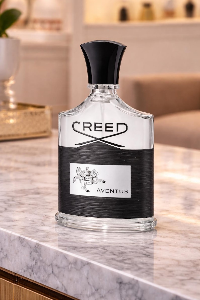 May include: A clear glass perfume bottle with a black cap and a black textured band around the center. The label features the word CREED at the top, an illustration of a person riding a horse in the middle, and the word AVENTUS at the bottom.