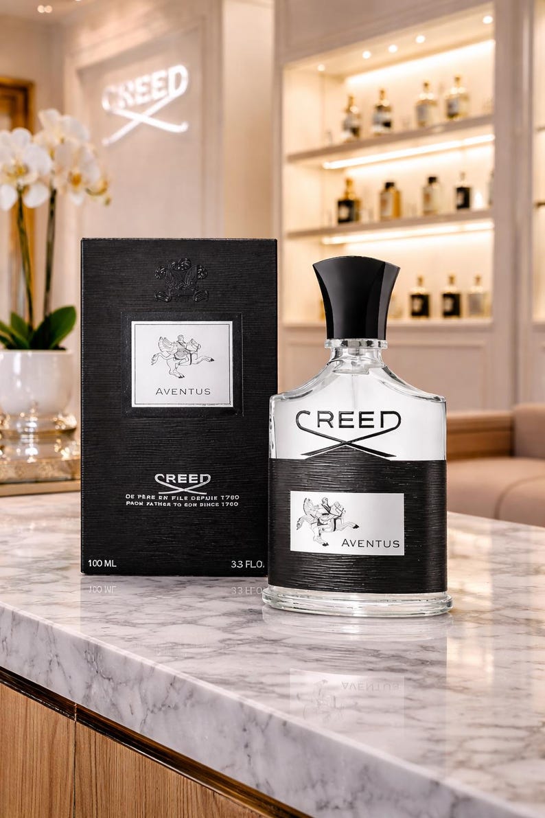 May include: A Creed Aventus 100 ml, 3.3 fl. oz. glass perfume bottle with a black cap and a black textured label featuring a horse and rider logo, accompanied by its matching black rectangular cardboard box with the same branding and text.