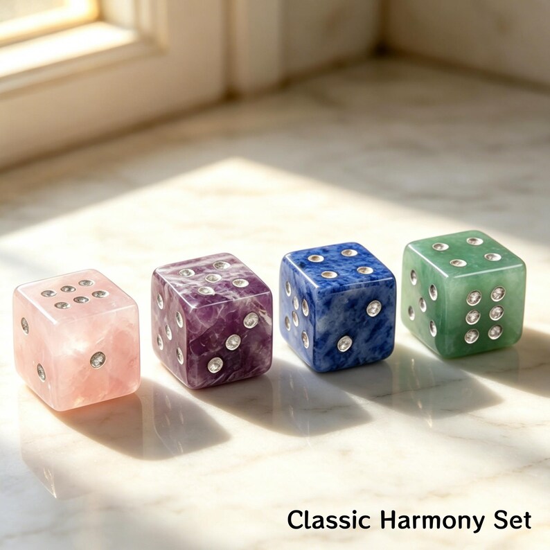May include: Four gemstone dice in pink, purple, blue, and green. Each die has silver-colored dots and is labeled "Classic Harmony Set". The dice are displayed on a marble surface.