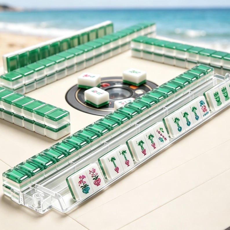 K&ouml;nnte beinhalten: Ein Mahjong-Set mit wei&szlig;en Spielsteinen und gr&uuml;nen, durchscheinenden R&uuml;ckseiten, die in Reihen auf einem beigen Tisch angeordnet sind. Die Steine zeigen verschiedene bunte Blumen- und Bambusmotive. Einige liegen in Kunststoffhaltern.