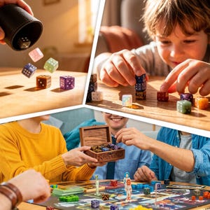 May include: A collage of images showing a board game with colorful dice and game pieces. One image shows dice being rolled from a cup. Other images show people playing the game, including a child stacking dice and adults handling a wooden box of dice.