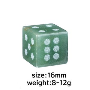 May include: A green gemstone die with white dots. The die is a cube shape and measures 16mm. The weight is between 8-12g. The die is set against a white background.