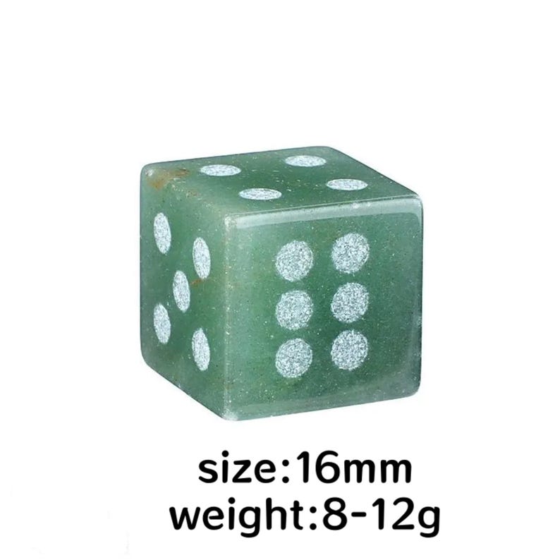 May include: A green gemstone die with white dots. The die is a cube shape and measures 16mm. The weight is between 8-12g. The die is set against a white background.