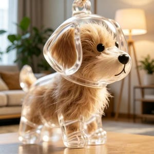 May include: A plush, light brown dog toy encased in a clear, transparent plastic shell. The dog has black eyes, a black nose, and a smiling mouth. The toy is designed to stand upright on its four legs.