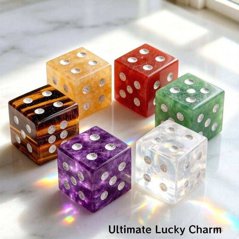 May include: Six colorful dice with silver dot markings. The dice are in shades of amber, red, green, purple, clear, and tiger's eye. The text "Ultimate Lucky Charm" is at the bottom of the image.