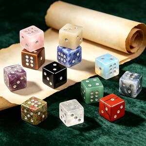 May include: A collection of gemstone dice in various colors, including pink, brown, black, blue, green, red, and clear. Each die features white dots indicating the numbers. The dice are displayed on a green surface with a rolled parchment in the background.