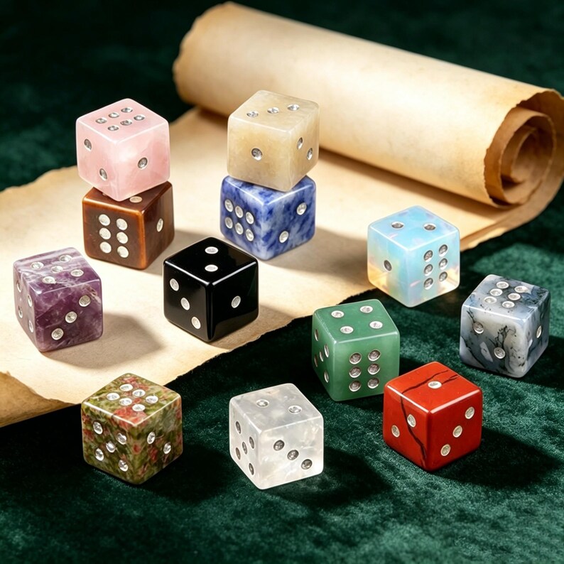 May include: A collection of gemstone dice in various colors, including pink, brown, black, blue, green, red, and clear. Each die features white dots indicating the numbers. The dice are displayed on a green surface with a rolled parchment in the background.