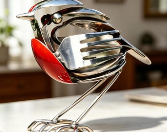 Upcycled Gabel Löffel Robin Skulptur, polierter Edelstahl Vogelkunst, Gartendekor
