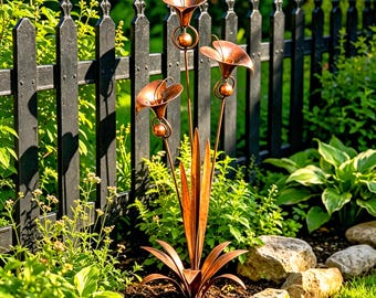 Flamed Copper Calla Lily Bluebell Garden Stake, Handmade Outdoor Yard Art, Lawn Decor