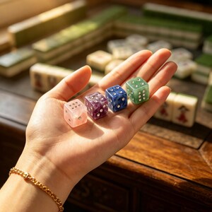 May include: Four colorful gemstone dice, in pink, purple, blue, and green, are held in a hand. The dice are set against a backdrop of Mahjong tiles and a wooden table, suggesting a game setting.