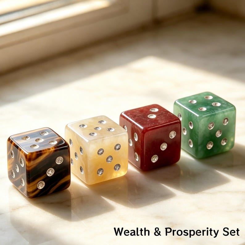 May include: A set of four decorative dice in various colors: brown, yellow, red, and green. Each die features sparkling embellishments in place of the traditional dots. The text "Wealth & Prosperity Set" is visible at the bottom.