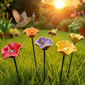 Könnte beinhalten: Eine Gartenlandschaft mit bunten, blumenförmigen Vogeltränken aus Keramik in Rot, Orange, Lila und Gelb. Ein Vogel und eine Biene fliegen in der Nähe der Blumen, vor dem Hintergrund von grünem Gras und einem hellen Sonnenuntergang.