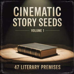 May include: A leather-bound book with gold detailing sits on a table with old paper. The image displays the text "CINEMATIC STORY SEEDS VOLUME 1" and "47 LITERARY PREMISES", indicating a resource for creative writing, with a vintage aesthetic.
