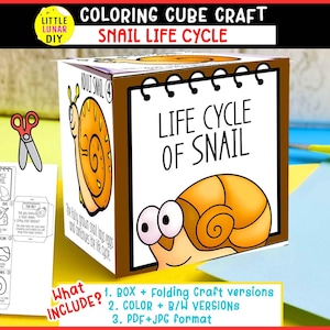May include: A coloring cube craft kit featuring a snail life cycle theme. The cube displays a cartoon snail and the text Life Cycle of Snail. A separate paper sheet shows the folding template with steps for eggs, hatchling, and young snail stages.