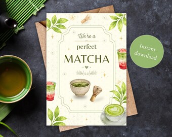 Biglietto di auguri perfetto per gli amanti del matcha, con illustrazioni botaniche ad acquerello, regalo ideale per chi ama il matcha, download digitale.