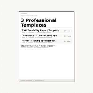 Könnte beinhalten: Ein digitales Dokument mit dem Titel 3 Professional Templates von permitbox. Es listet eine ADU Feasibility Report Template, ein Commercial TI Permit Package und ein Permit Tracking Spreadsheet auf. Der Text enthält Details zu Dateiformaten.