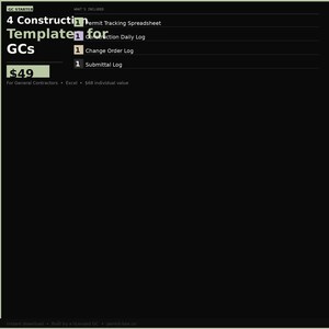 Puede incluir: Gráfico negro con texto blanco que promociona un paquete de plantillas de construcción para contratistas generales. El paquete incluye una hoja de cálculo de seguimiento de permisos, un registro diario, un registro de órdenes de cambio y un registro de envío.
