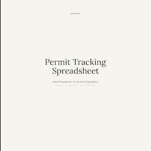 May include: Cream-colored digital document with the text "Permit Tracking Spreadsheet." Below, it reads "Excel Template for GCs & Permit Expeditors." The document also mentions "4 Sheets" and "Bay Area." The website "permitbox." is at the top.