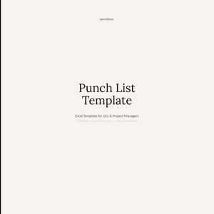May include: A digital template labelled "Punch List Template" for project managers and general contractors. The text is in a serif font, with the words "Punch List Template" prominently displayed. The template includes a completion counter and is available for instant download.