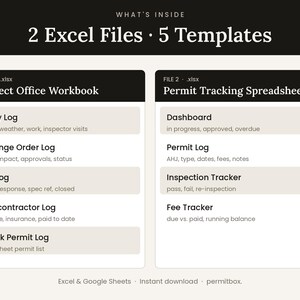 Paquete de plantillas de construcción para contratistas generales / Seguimiento de permisos en Excel, registro diario, solicitud de información (RFI), orden de cambio, registro de subcontratistas
