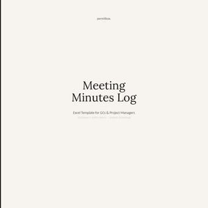 May include: A digital document titled "Meeting Minutes Log" with the text "Excel Template for GCs & Project Managers." The document is on a light beige background with the permitbox logo in the top left corner. The text includes "Decisions • Action Items • Instant Download."
