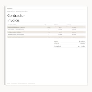 Peut inclure: Un modèle de facture d'entrepreneur avec le titre "Contractor Invoice". La facture détaille les descriptions des travaux, les quantités, les prix unitaires et les montants. Le total dû est de 21 135,80 €. Document prêt à être imprimé.