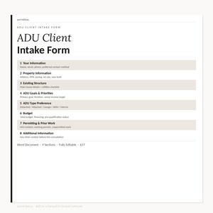 Può includere: Un modulo di assunzione clienti ADU bianco con otto sezioni numerate, tra cui le tue informazioni, informazioni sulla proprietà, struttura esistente, obiettivi e priorità ADU, preferenza del tipo di ADU, budget, permessi e lavori.