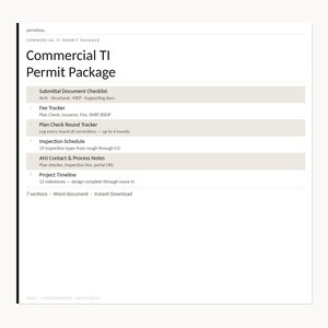 Pode incluir: Um documento branco intitulado "Commercial TI Permit Package" com seções como uma lista de verificação, rastreador de taxas e cronograma de inspeção. Documento Word, download instantâneo.