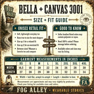 May include: A vintage-style sign with the text "BELLA + CANVAS 3001" and a size and fit guide. The sign includes garment measurements in inches, with width and length details for various sizes, and information about the fit of the t-shirts.