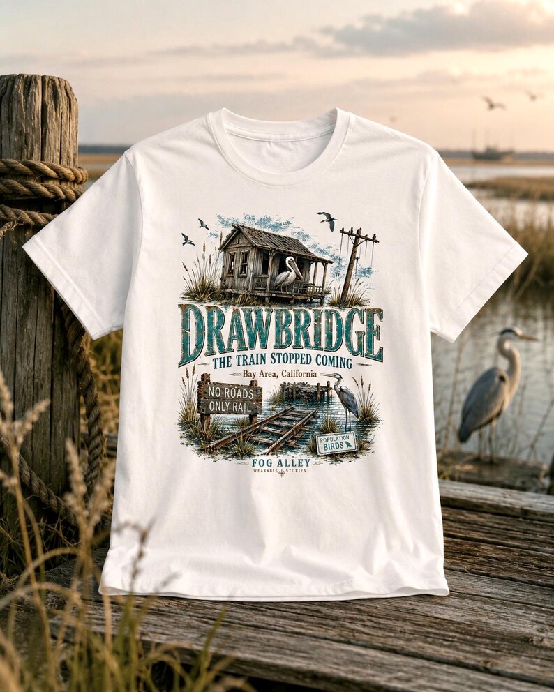 May include: White t-shirt featuring a detailed graphic of a rustic wooden structure with a pelican, railroad tracks, and the text "DRAWBRIDGE THE TRAIN STOPPED COMING Bay Area, California". The design includes a sign that reads "NO ROADS ONLY RAIL".