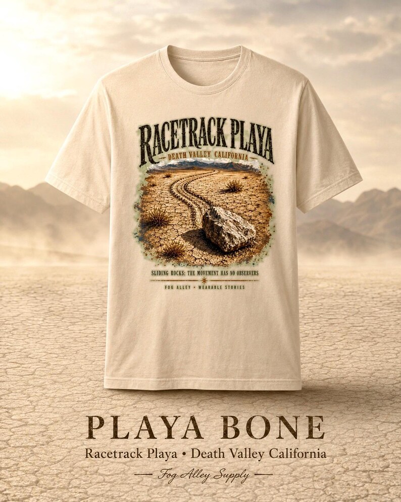 Puede incluir: Una camiseta de color crema con un gr&aacute;fico de Racetrack Playa en el Valle de la Muerte, California. El dise&ntilde;o muestra una roca sobre tierra agrietada con el texto "RACETRACK PLAYA", "SLIDING ROCKS: THE MOVEMENT HAS NO OBSERVERS" y "FOG ALLEY WEARABLE STORIES".