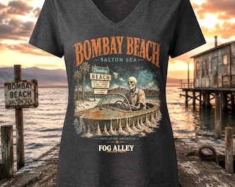 Bombay Beach Salton Sea V Neck Shirt | Vintage Desert Gothic Tee | Retro Skeleton Boat Graphic V Neck T-Shirt | Distressed Streetwear Bella