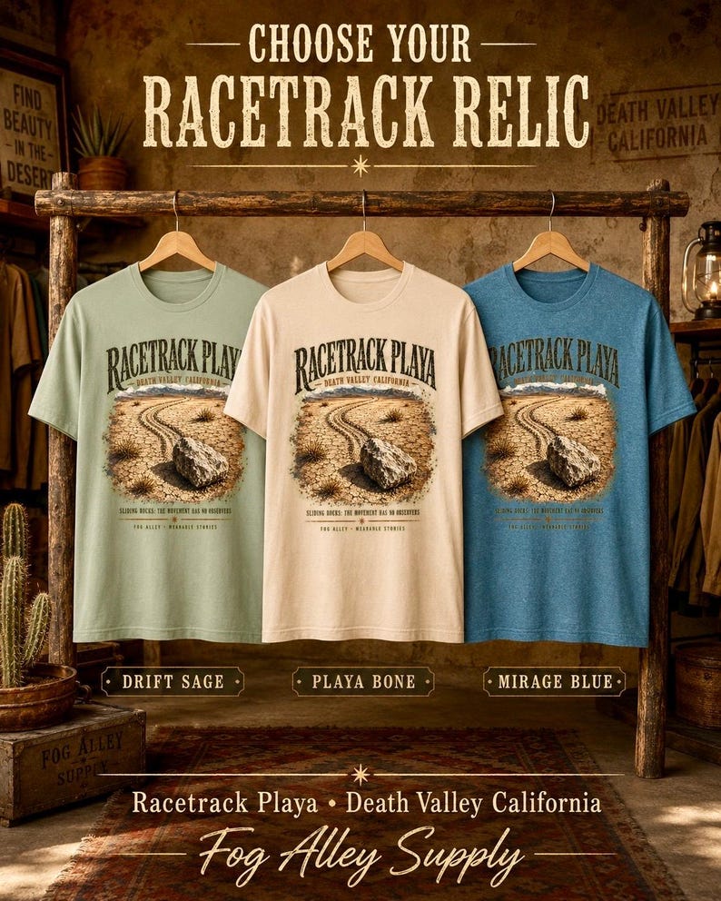 Puede incluir: Tres camisetas de manga corta en verde salvia, crema y azul, cada una con un gr&aacute;fico de una roca en un suelo des&eacute;rtico agrietado con el texto "RACETRACK PLAYA" y "DEATH VALLEY CALIFORNIA". Las camisetas est&aacute;n etiquetadas como "DRIFT SAGE", "PLAYA BONE" y "MIRAGE BLUE".