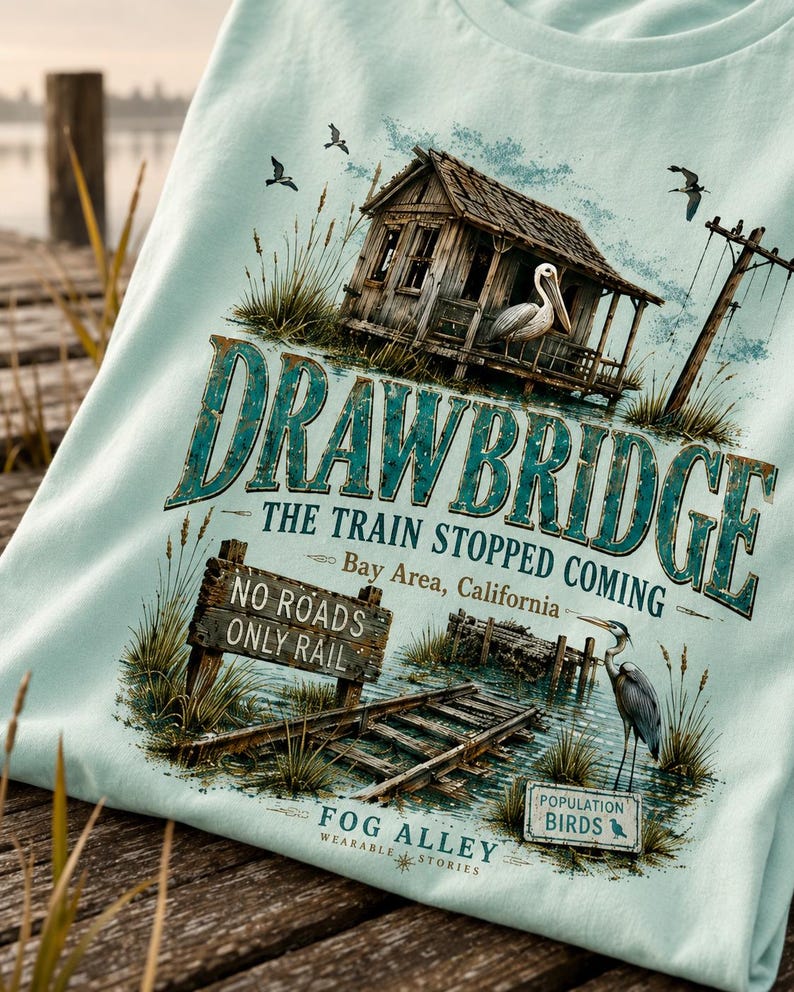 May include: Light blue t-shirt with a graphic design featuring a weathered wooden structure, a pelican, and the text "DRAWBRIDGE". The design includes the text "THE TRAIN STOPPED COMING" and "Bay Area, California".