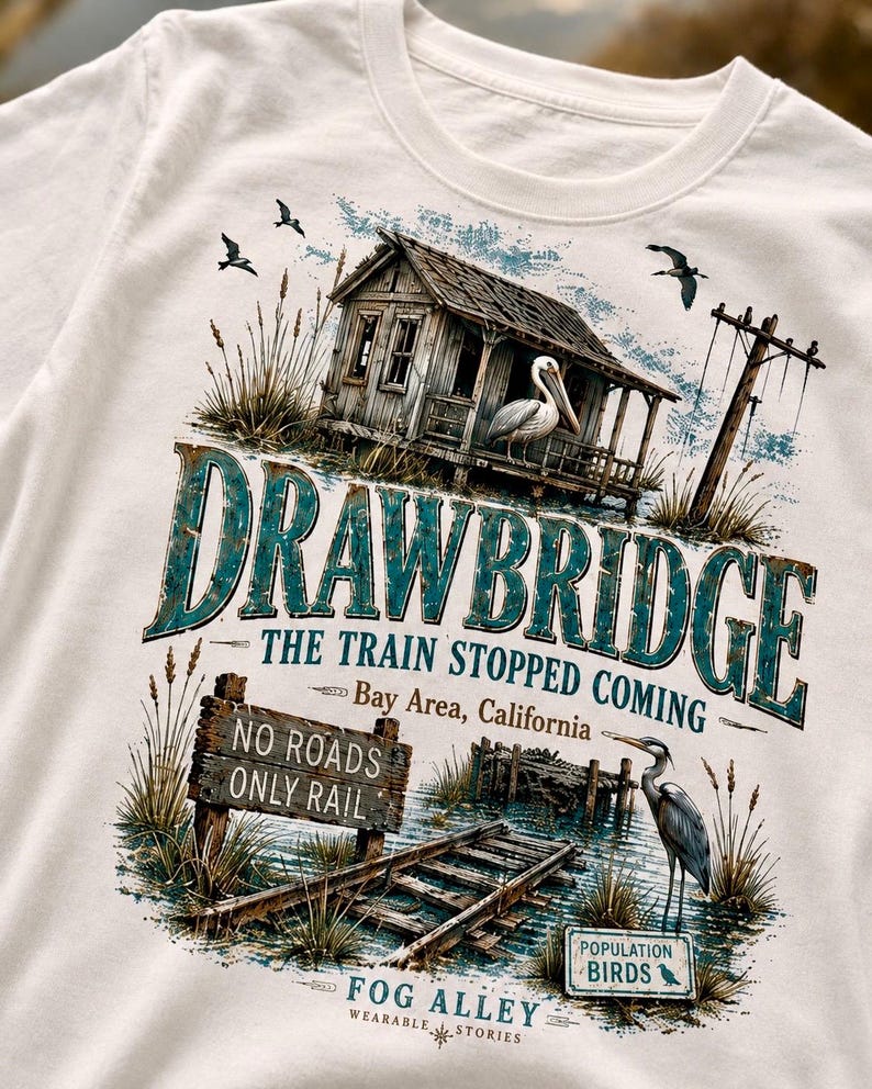 May include: White t-shirt featuring a detailed graphic of a rustic waterside scene. The design includes a weathered wooden house, a pelican, a heron, and the text "DRAWBRIDGE" and "THE TRAIN STOPPED COMING". Additional text reads "NO ROADS ONLY RAIL" and "POPULATION BIRDS".